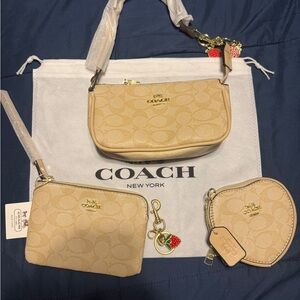 Coach Beige Signature Canvas Mini Shoulder Bag Set with Pouch & Coin Case